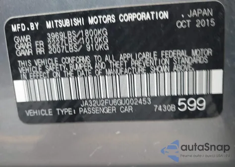 2016 Mitsubishi Lancer Es from USA, damaged, VIN JA32U2FU6GU002453